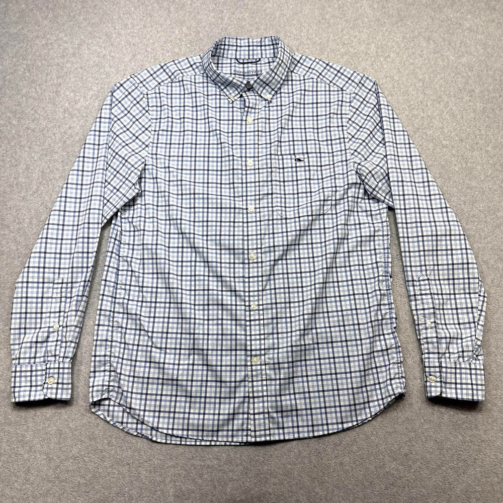 Vineyard Vines Featherweight Performance Shirt Men Medium Blue Check Long Sleeve